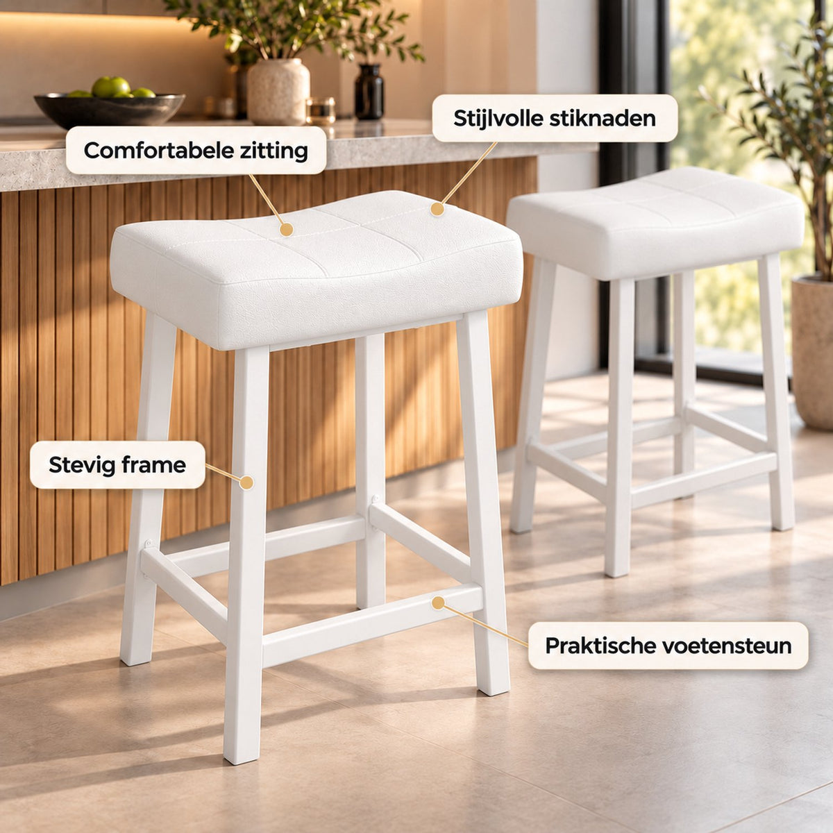 Barkrukken Set van 2 - 61 cm - Kunstleer - Met Voetensteun - Wit