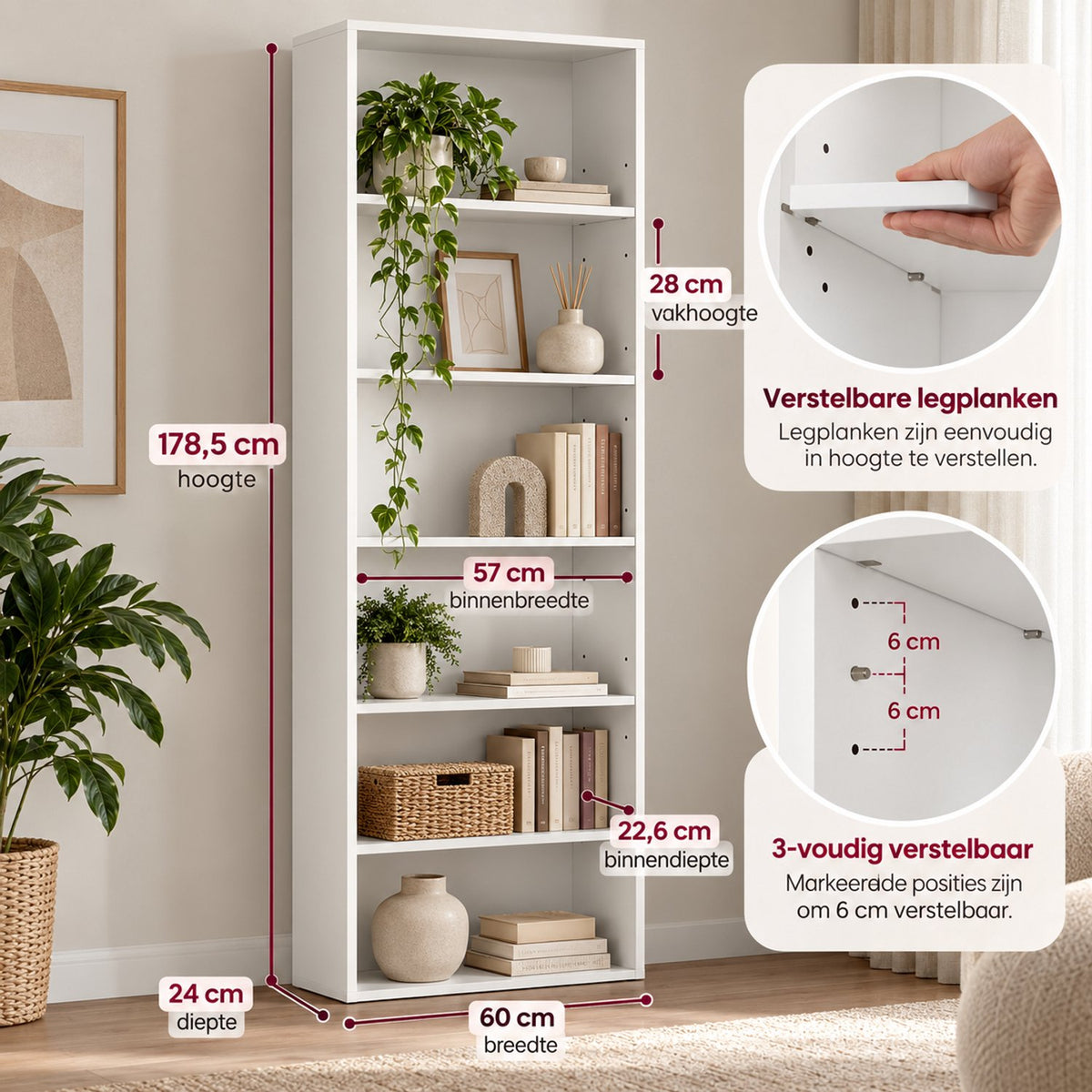 Boekenkast 6 Vakken – Open Kast 178x60x30 cm – Moderne Opbergkast – Wit – Staande Boekenkast voor Woonkamer, Slaapkamer & Kantoor