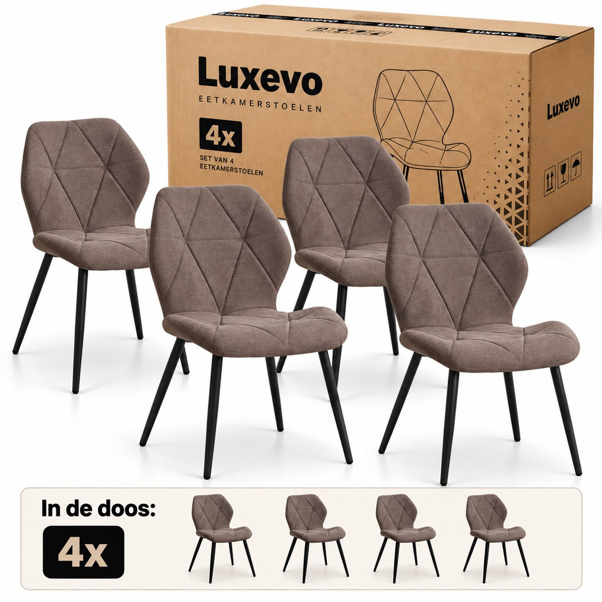 Eetkamerstoelen – Set van 4 – Ergonomisch – Metalen Poten – Bruin