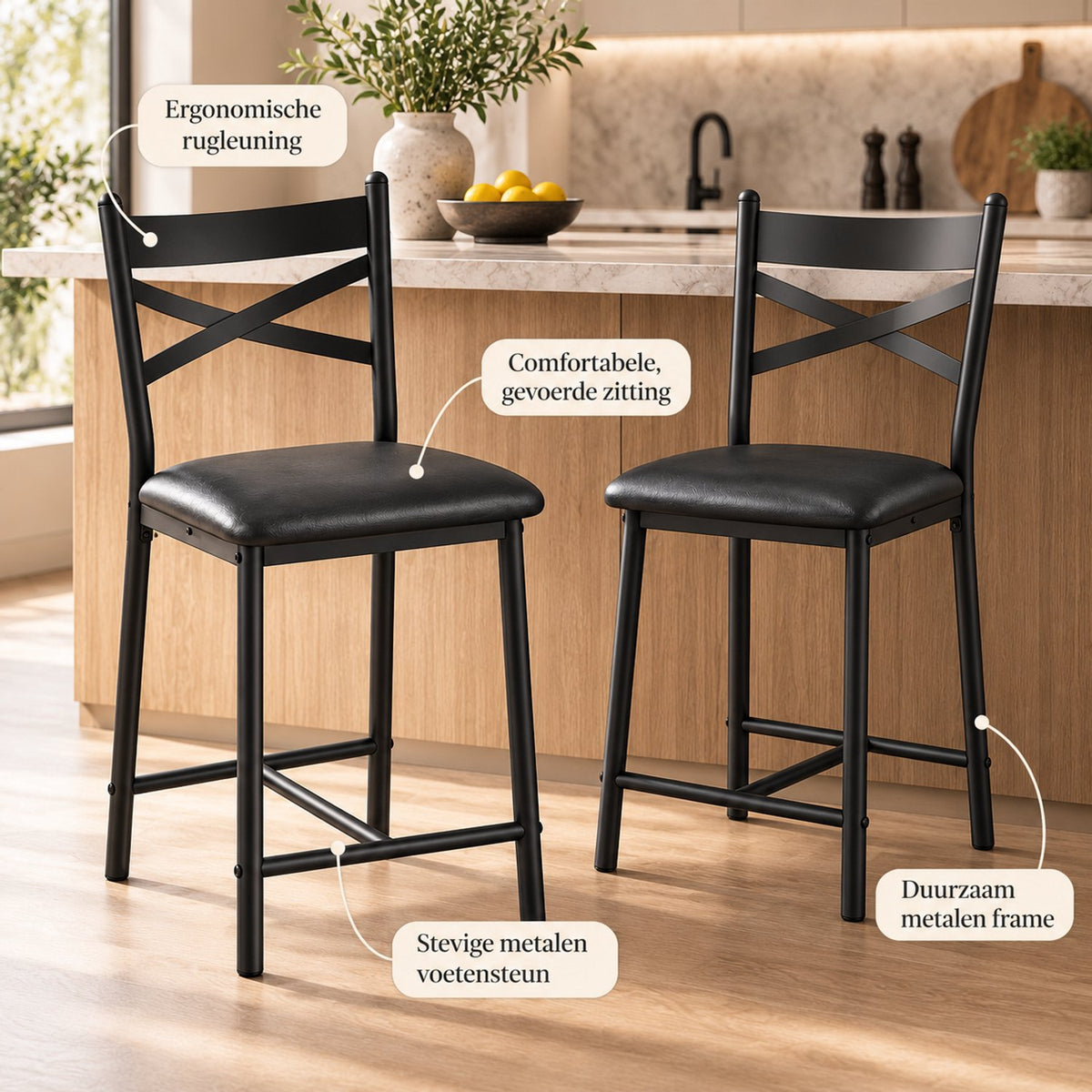Barstoelen Set van 2 - Zithoogte 66 cm - PU Leren Zitting - Met Rugleuning en Voetsteun - Metalen Frame - Zwart