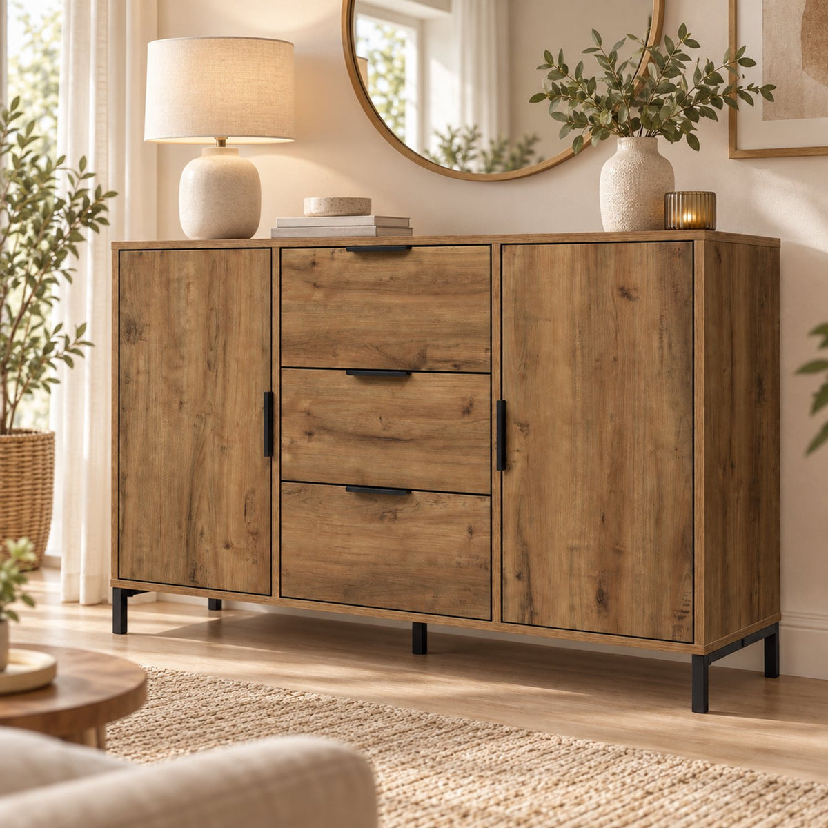Dressoir – 120x40x76 cm – Donker Eiken – Industrieel Opbergkast met 3 Lades & 2 Deuren