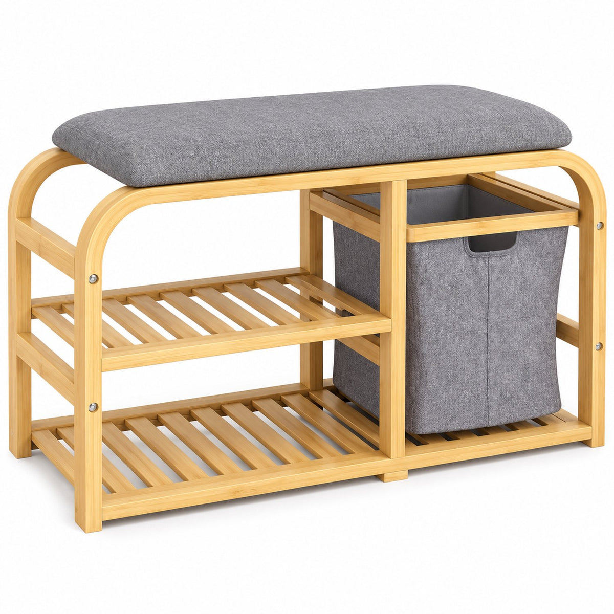 Schoenenbank - Met Zitkussen en Opbergmand - Bamboe - 2 Schoenenplanken - 70 x 30 x 45 cm - Naturel/Grijs