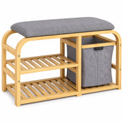 Schoenenbank - Met Zitkussen en Opbergmand - Bamboe - 2 Schoenenplanken - 70 x 30 x 45 cm - Naturel/Grijs