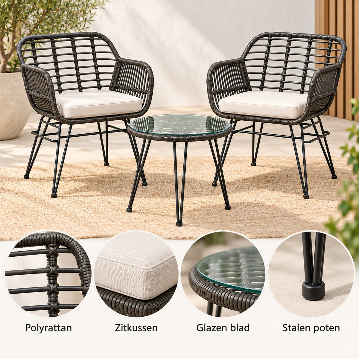 Bistroset 3 delig – 2 Rotan Tuinstoelen met Zitkussens & Tafel met Glazen Blad – Weerbestendige Balkonset – Grijs