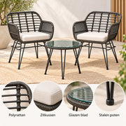 Bistroset 3 delig – 2 Rotan Tuinstoelen met Zitkussens & Tafel met Glazen Blad – Weerbestendige Balkonset – Grijs