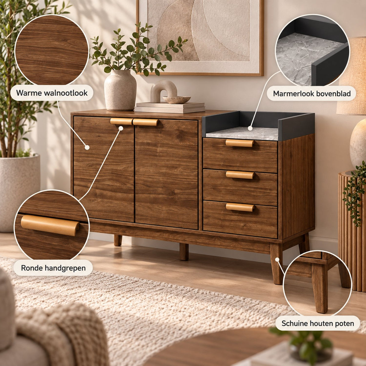 Dressoir – Opbergkast Eiken met Marmerlook Blad – 120 cm – 3 Laden & 2 Deuren – Verstelbare Planken – Massief Houten Poten – Mid-Century Sideboard