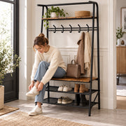Schoenenbank - Garderoberek met Bankje – 100 cm – Kapstok met 10 Haken & 2 Schoenenrekken – Zitbank tot 160 kg – Voor Hal en Gang - Bruin/Zwart