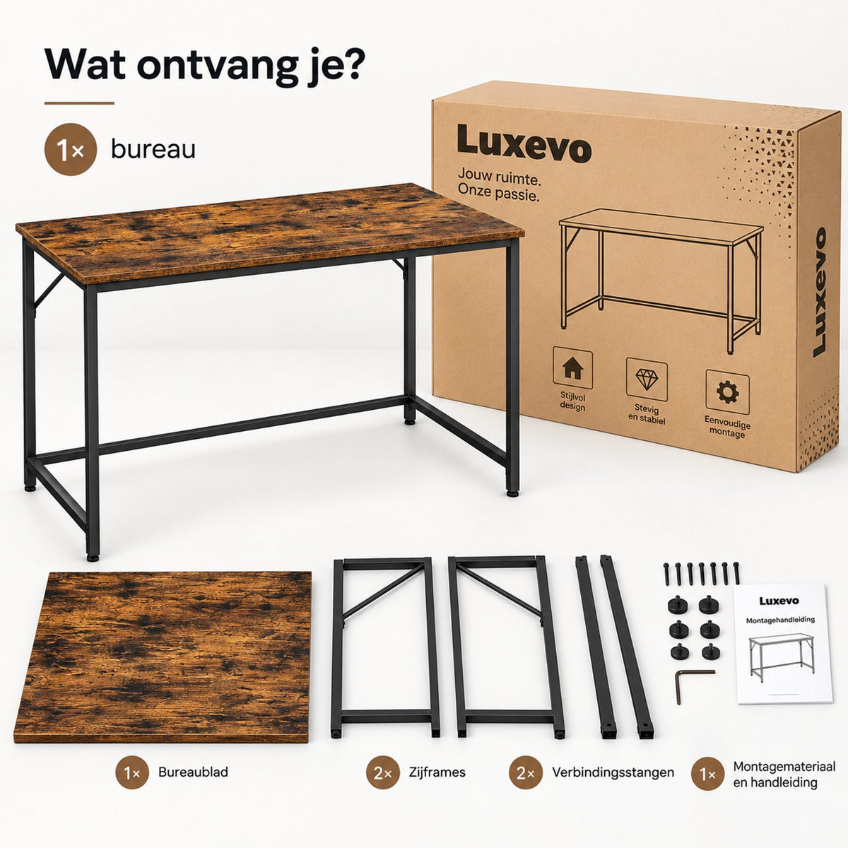 Bureau - 120 cm Industrieel Design - Donker Hout