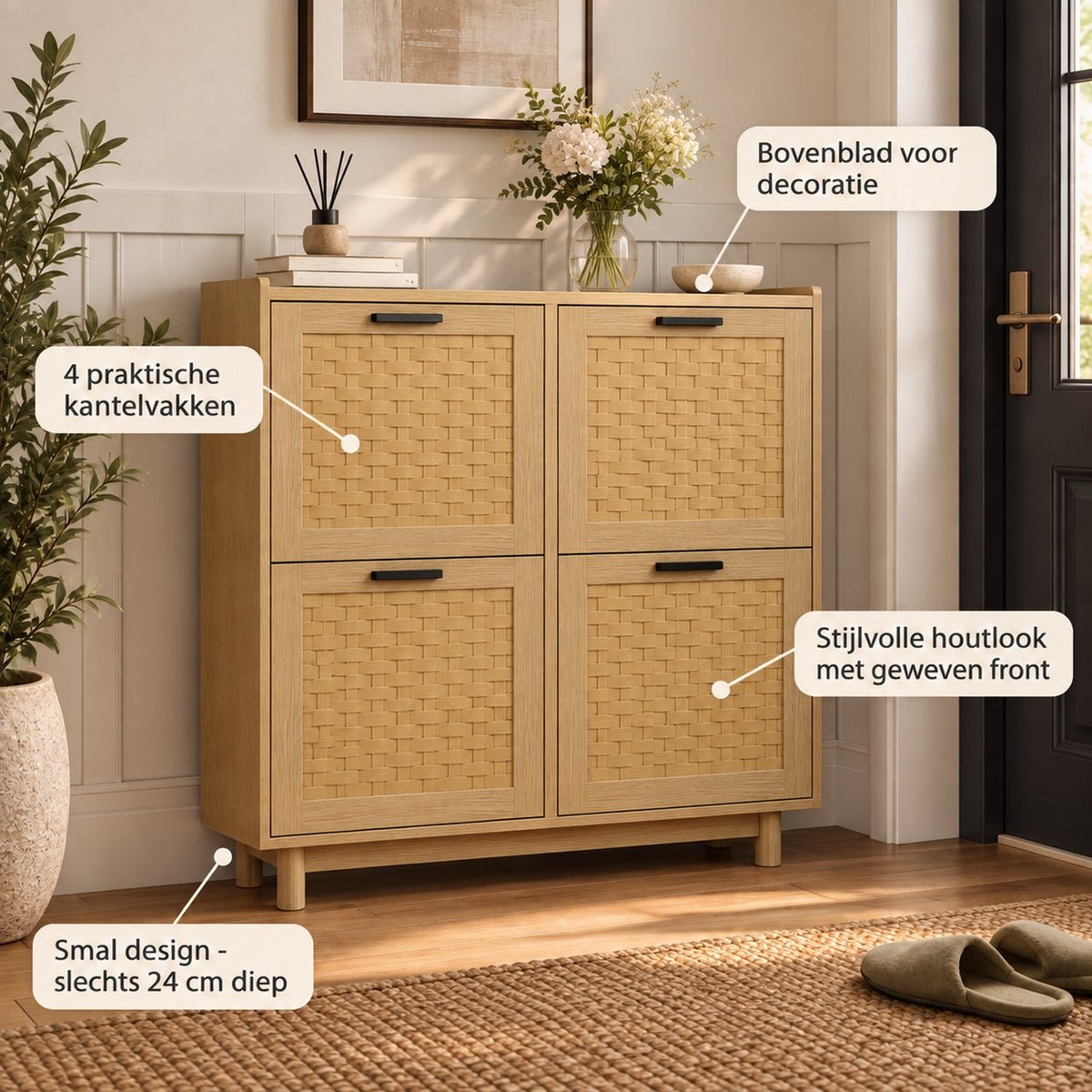 Schoenenkast - Tot 16 Paar Schoenen - 8 Rekken 4 Lades - Rattan Hout