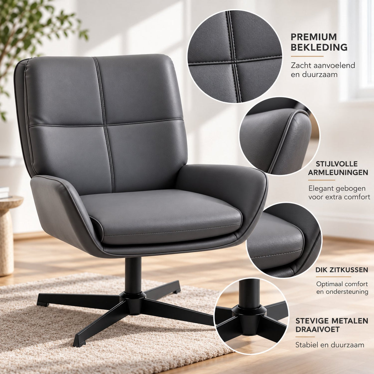 Fauteuil – 360° Draaibaar – PU Leer – Draaistoel met Armleuningen - Grijs