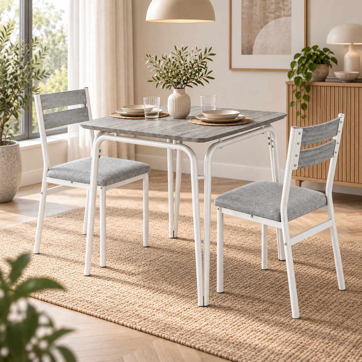 Eetkamerset voor 2 Personen – Compacte Keukentafel met 2 Stoelen – Ruimtebesparend – Wit Houtlook