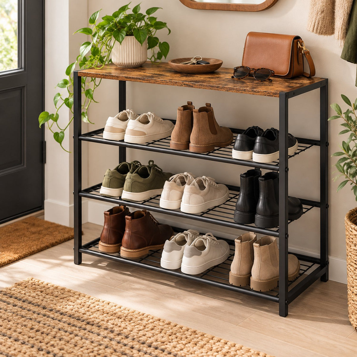 Schoenenrek 3-Laags - Schoenenkast met Houten Bovenblad - Metalen Schoenenrek - 63 x 30 x 63 cm - Industrieel Bruin/Zwart