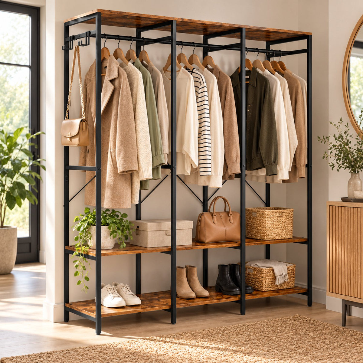 Open Kledingkast – Kledingrek met Planken en Kledingroede – Industrieel – 141 x 40 x 180 cm – Bruin/Zwart
