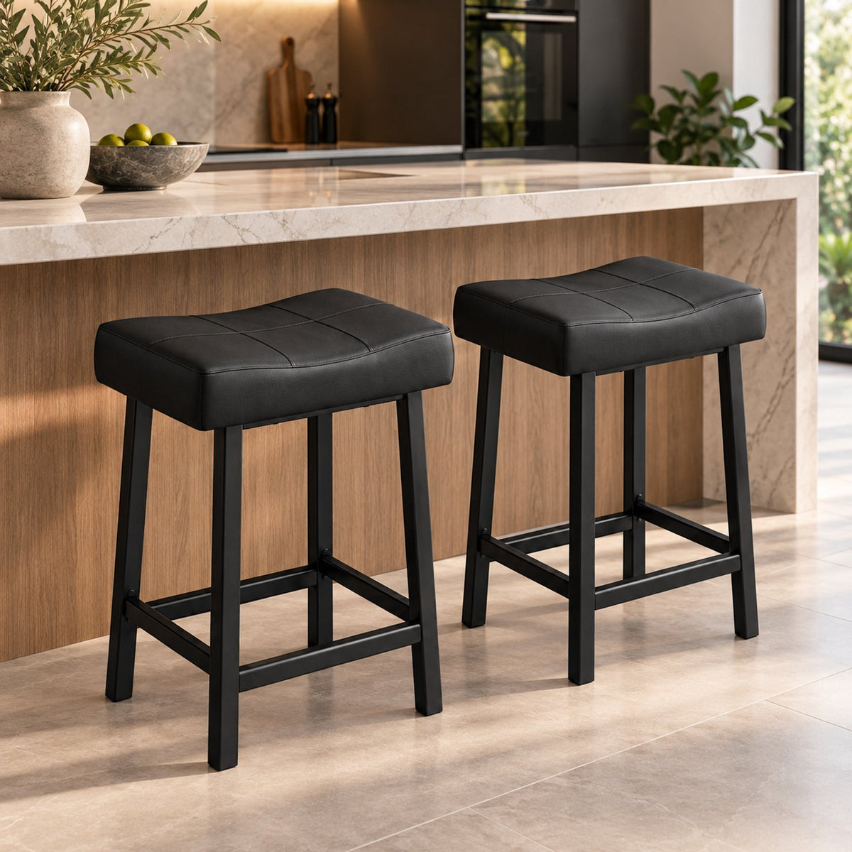 Barkrukken Set van 2 - 61 cm - Kunstleer - Met Voetensteun - Zwart