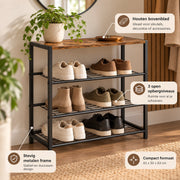 Schoenenrek 3-Laags - Schoenenkast met Houten Bovenblad - Metalen Schoenenrek - 63 x 30 x 63 cm - Industrieel Bruin/Zwart