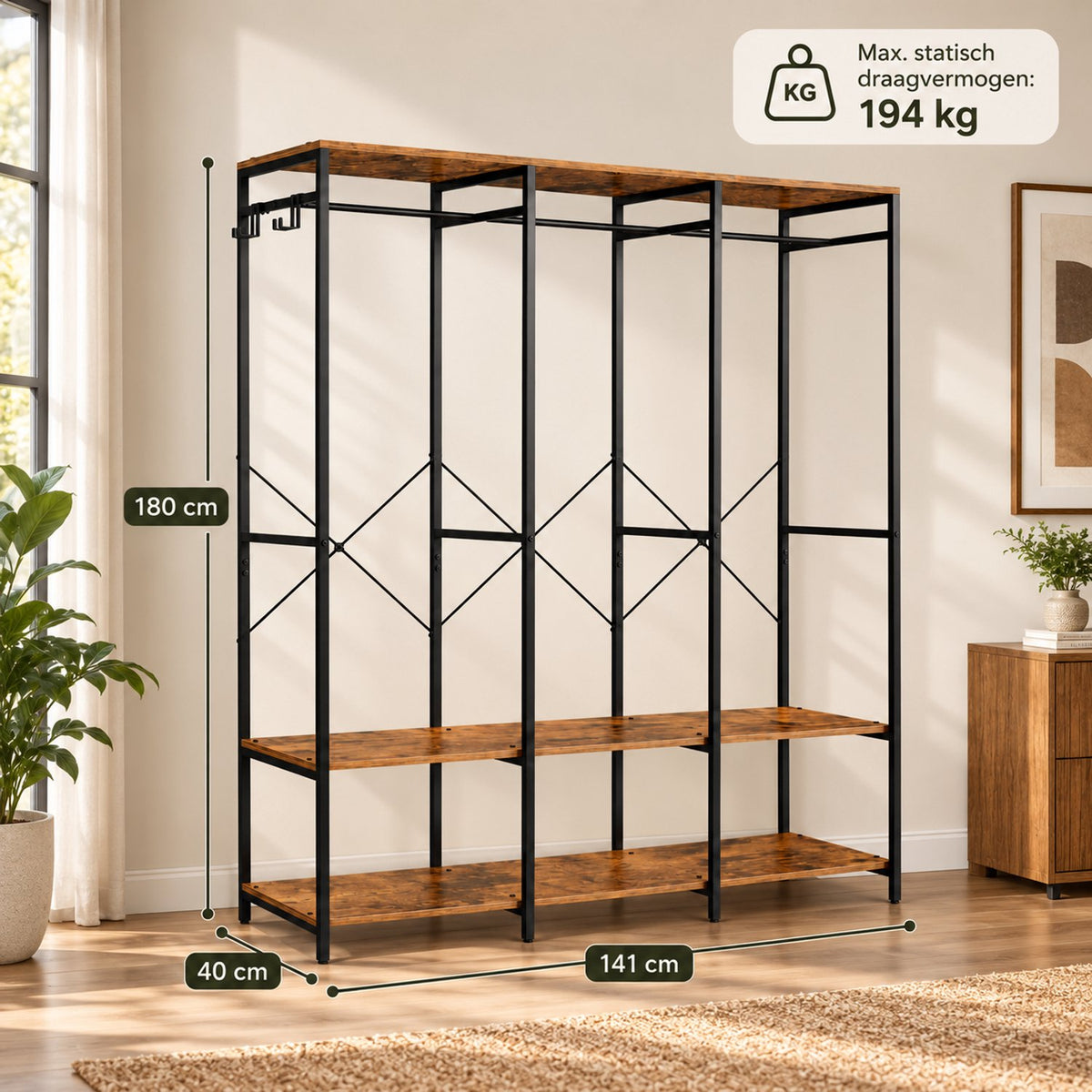 Open Kledingkast – Kledingrek met Planken en Kledingroede – Industrieel – 141 x 40 x 180 cm – Bruin/Zwart