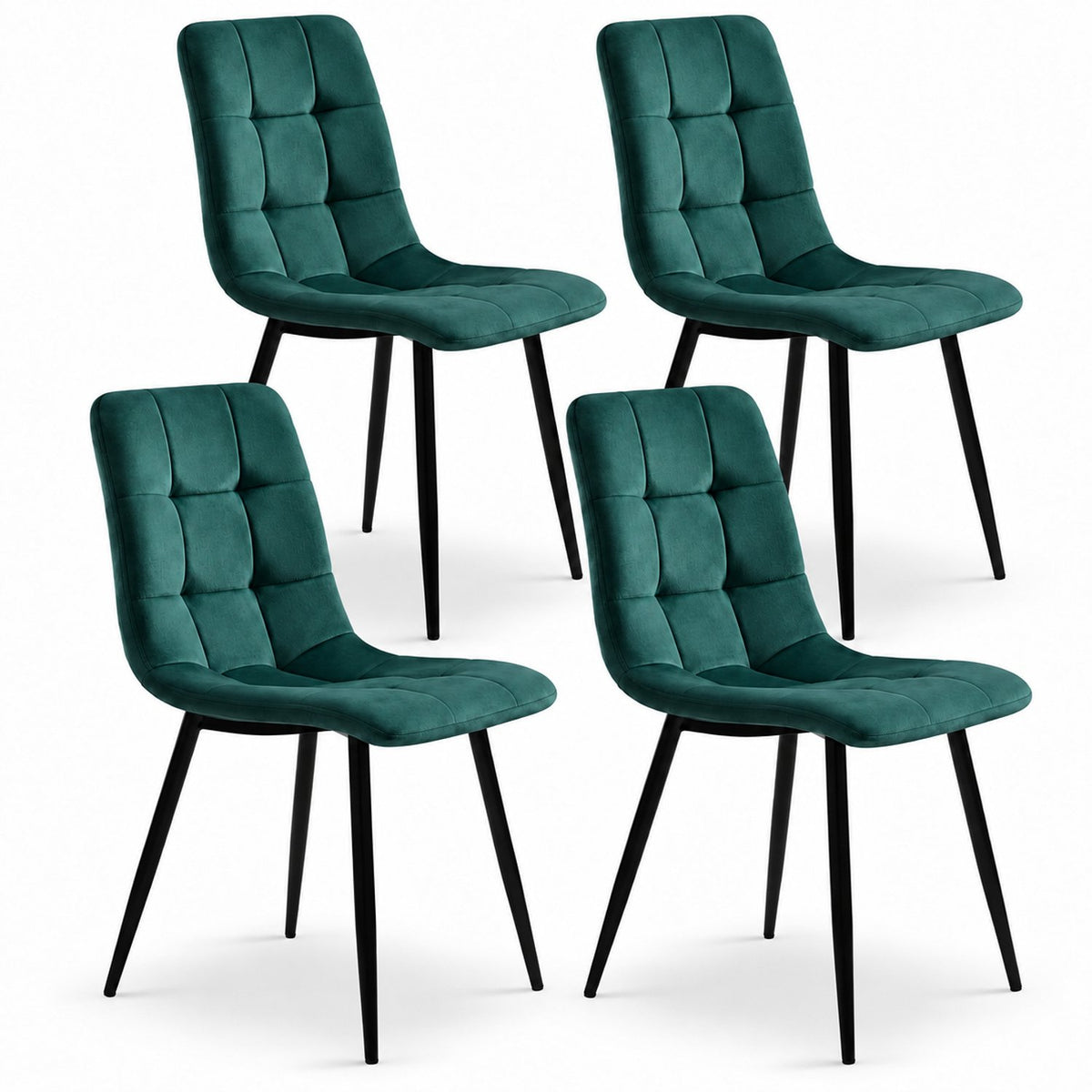 Eetkamerstoelen Set van 4 - Gestoffeerde Stoelen - Gewatteerde Rugleuning - Zwarte Metalen Poten - Donkergroen