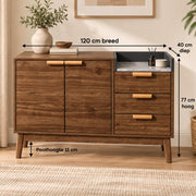 Dressoir – Opbergkast Eiken met Marmerlook Blad – 120 cm – 3 Laden & 2 Deuren – Verstelbare Planken – Massief Houten Poten – Mid-Century Sideboard