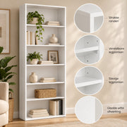 Boekenkast 6 Vakken – Open Kast 178x60x30 cm – Moderne Opbergkast – Wit – Staande Boekenkast voor Woonkamer, Slaapkamer & Kantoor