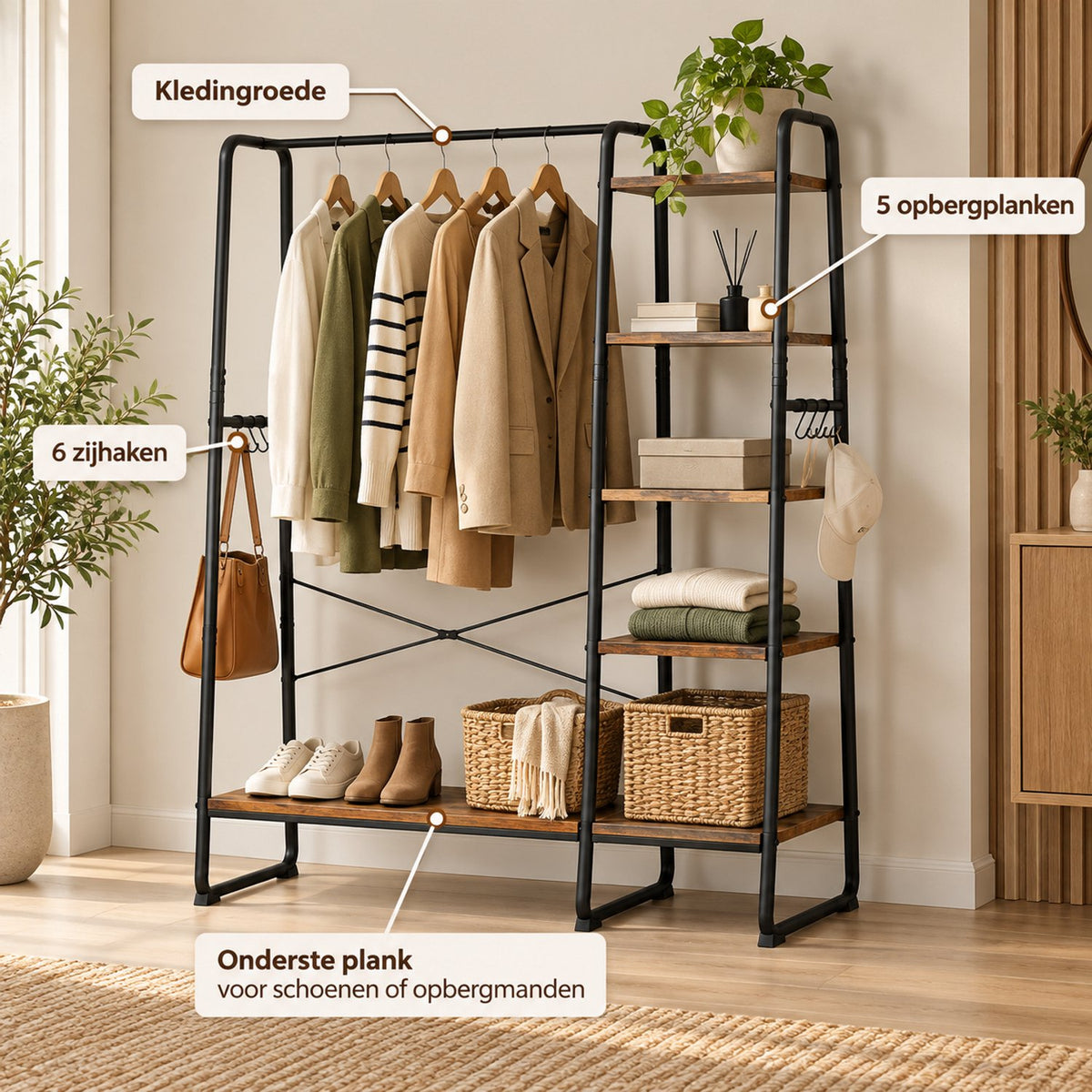 Kledingrek met Schoenenrek – Kledingstang met 5 Opbergplanken en 6 Haken – Kapstok Staand – 120 x 45 x 160 cm – Bruin/Zwart