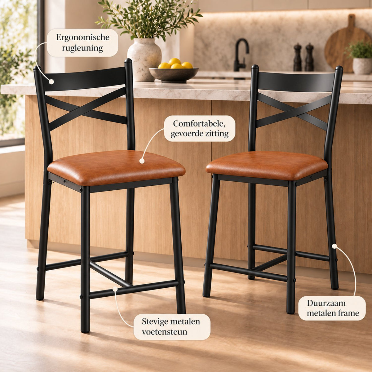 Barstoelen Set van 2 - Zithoogte 66 cm - PU Leren Zitting - Met Rugleuning en Voetsteun - Metalen Frame - Bruin