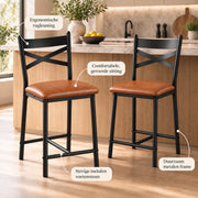 Barstoelen Set van 2 - Zithoogte 66 cm - PU Leren Zitting - Met Rugleuning en Voetsteun - Metalen Frame - Bruin