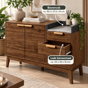 Dressoir – Opbergkast Eiken met Marmerlook Blad – 120 cm – 3 Laden & 2 Deuren – Verstelbare Planken – Massief Houten Poten – Mid-Century Sideboard