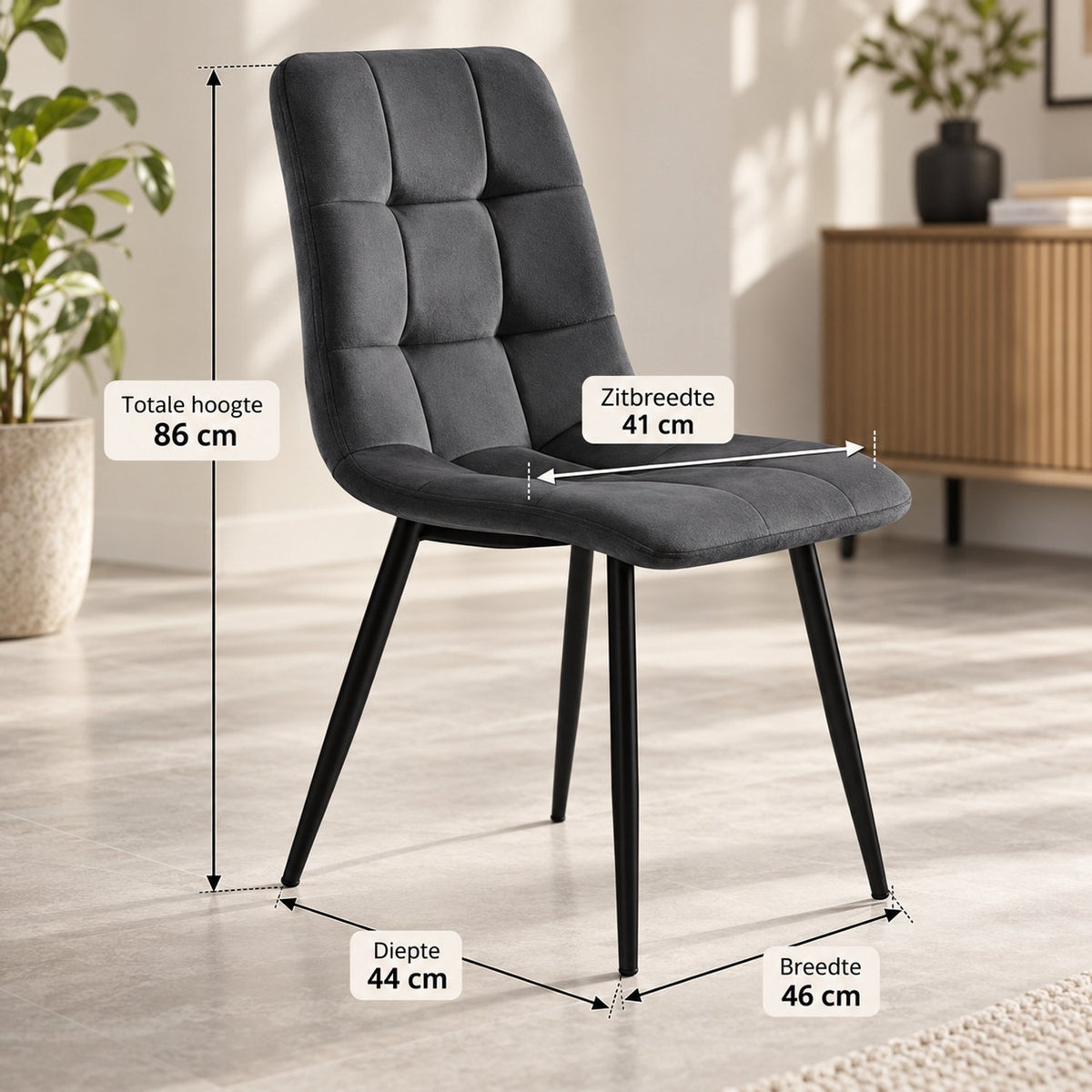 Eetkamerstoelen Set van 4 - Gestoffeerde Stoelen - Gewatteerde Rugleuning - Zwarte Metalen Poten - Grijs
