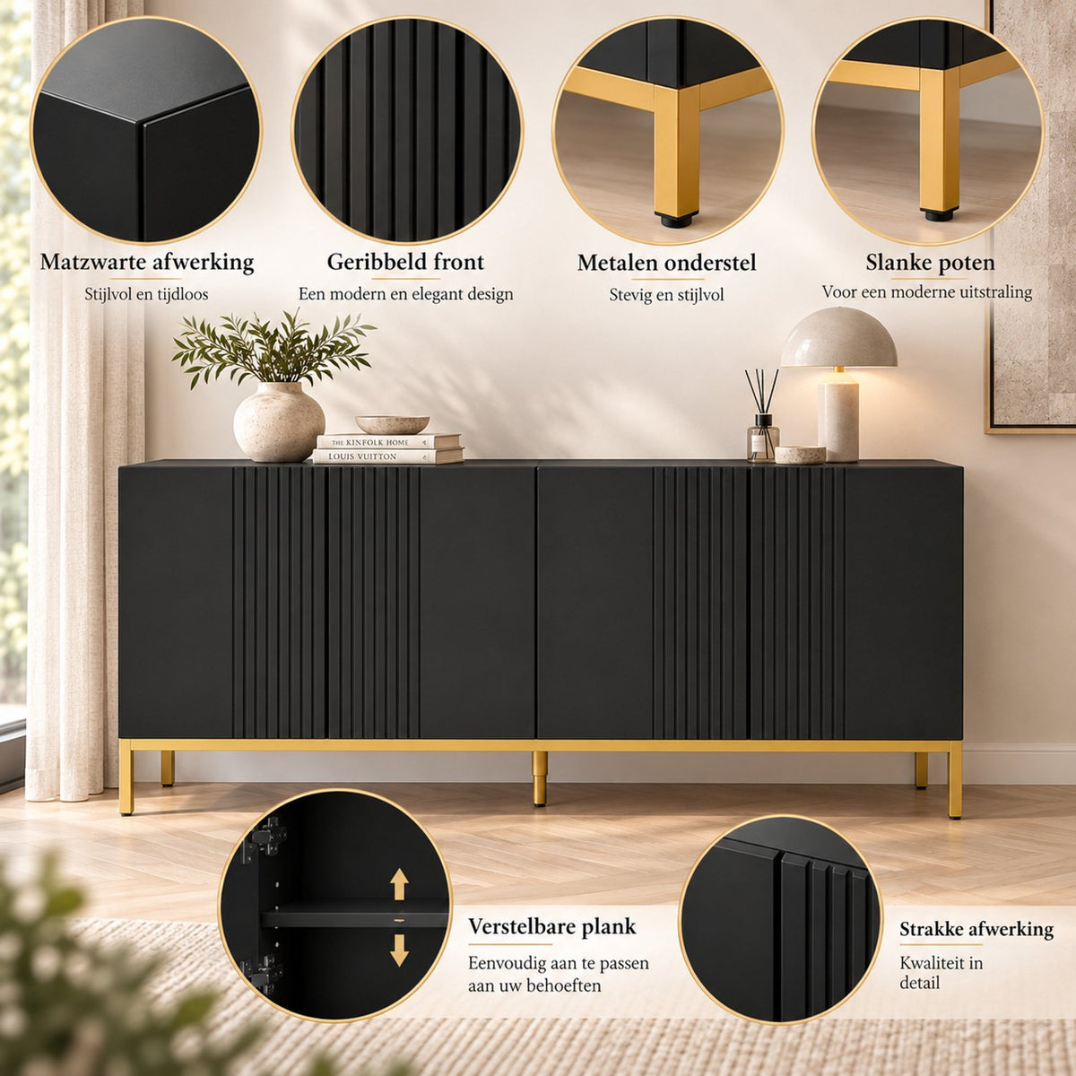Dressoir - 4 Deuren & Verstelbare Planken – Modern Buffetkast – Dressoir Kast – 140 x 40 x 75 cm – Zwart & Goud