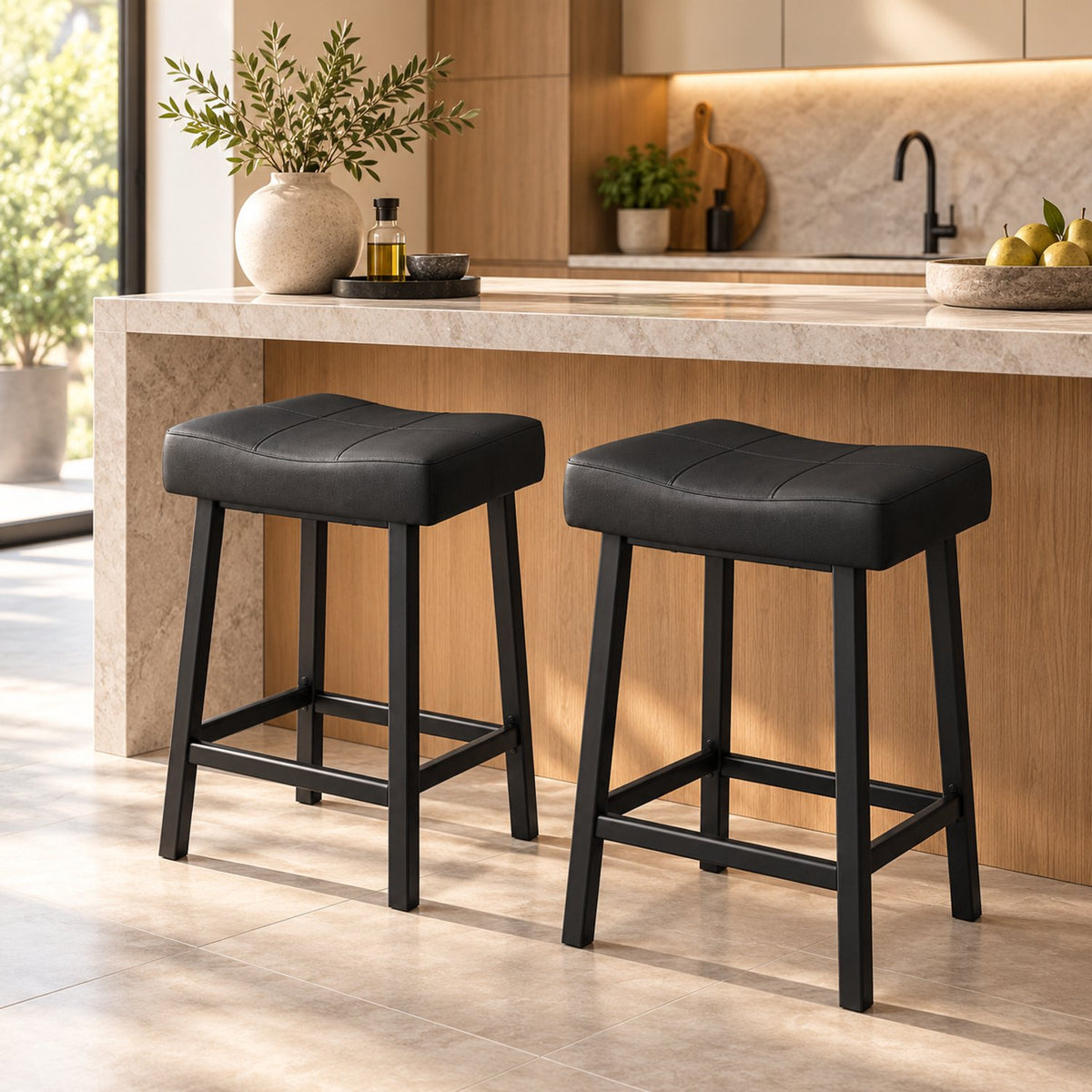 Barkrukken Set van 2 - 61 cm - Kunstleer - Met Voetensteun - Zwart