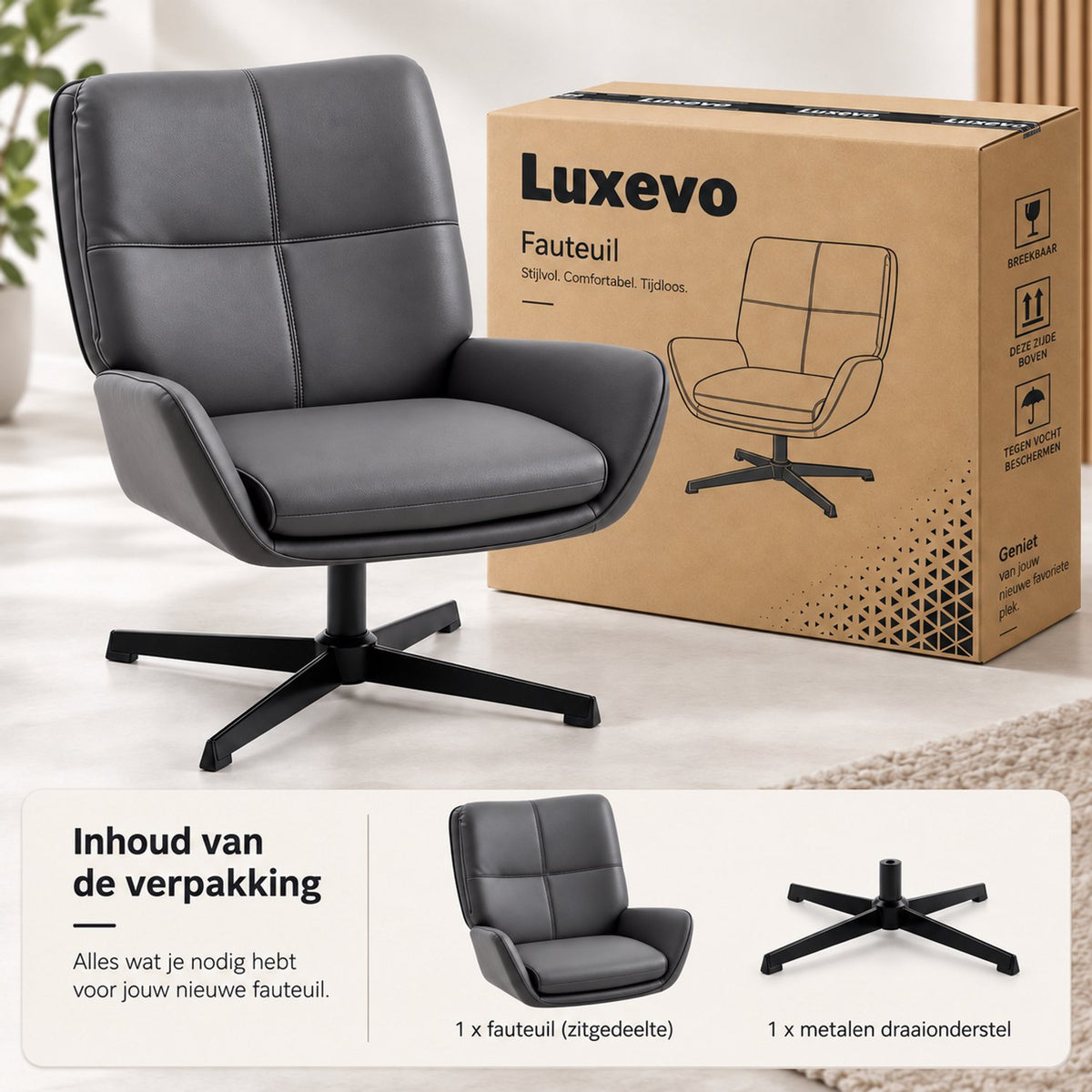 Fauteuil – 360° Draaibaar – PU Leer – Draaistoel met Armleuningen - Grijs