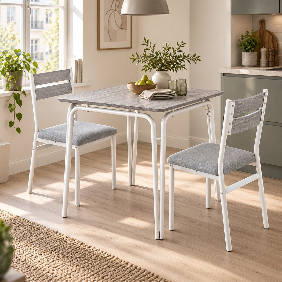 Eetkamerset voor 2 Personen – Compacte Keukentafel met 2 Stoelen – Ruimtebesparend – Wit Houtlook