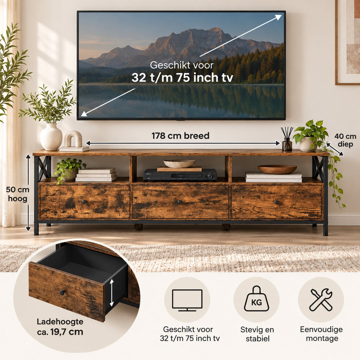 TV Meubel - 3 Lades - 3 Open Vakken
