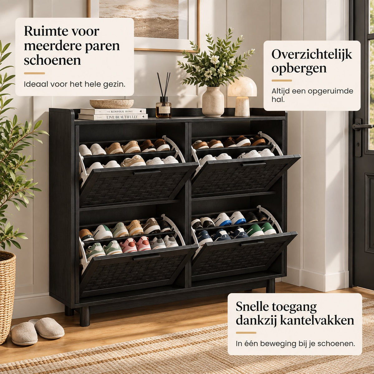 Schoenenkast - Tot 16 Paar Schoenen - 8 Rekken 4 Lades - Rattan Zwart