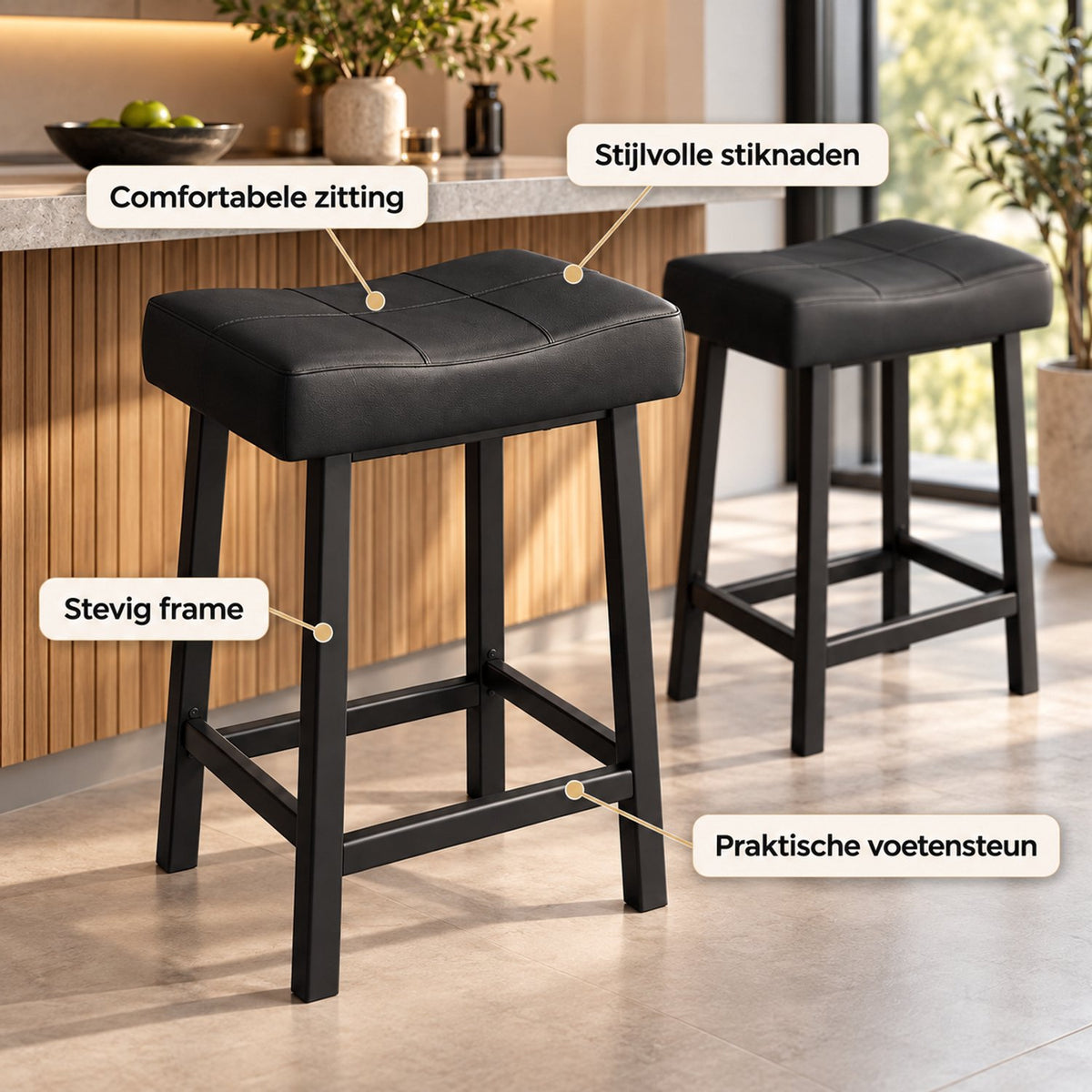 Barkrukken Set van 2 - 61 cm - Kunstleer - Met Voetensteun - Zwart