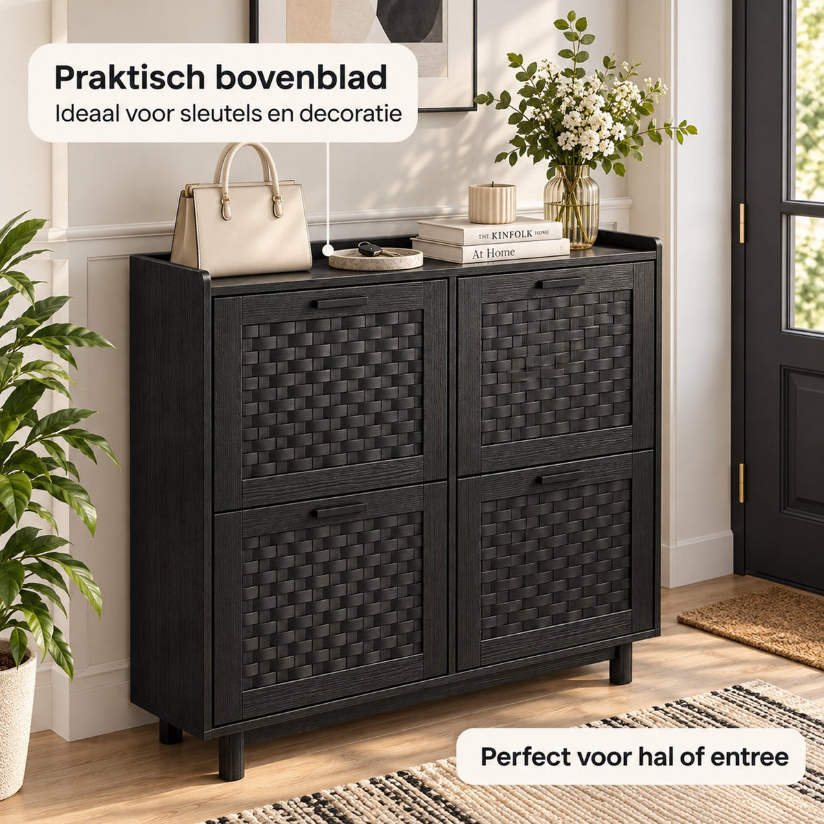 Schoenenkast - Tot 16 Paar Schoenen - 8 Rekken 4 Lades - Rattan Zwart