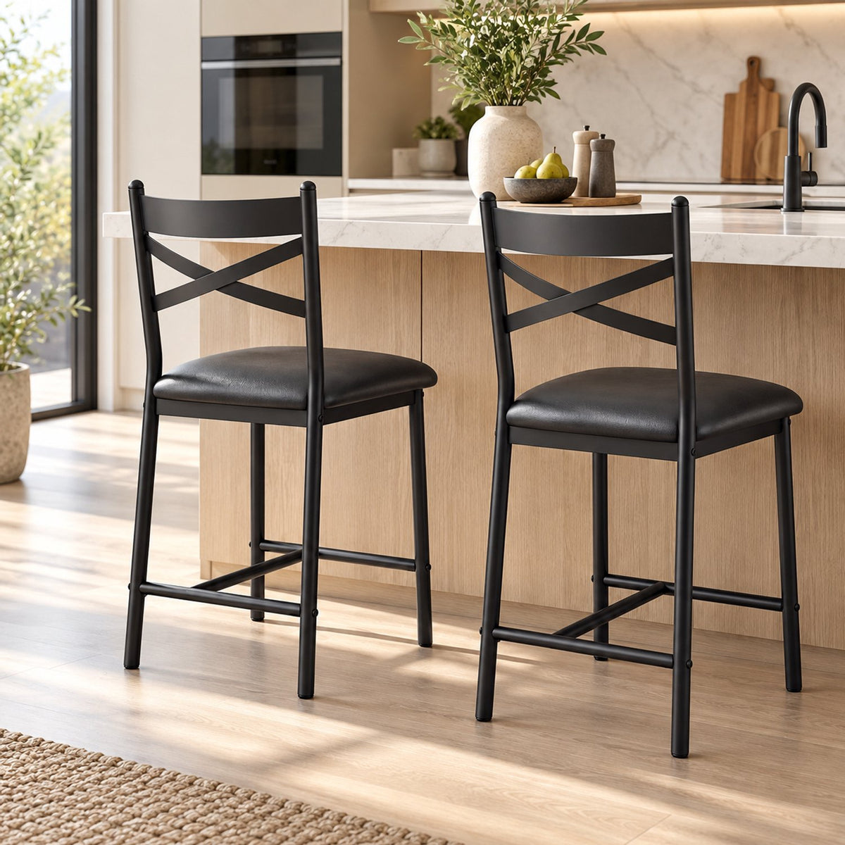 Barstoelen Set van 2 - Zithoogte 66 cm - PU Leren Zitting - Met Rugleuning en Voetsteun - Metalen Frame - Zwart