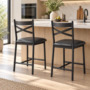 Barstoelen Set van 2 - Zithoogte 66 cm - PU Leren Zitting - Met Rugleuning en Voetsteun - Metalen Frame - Zwart