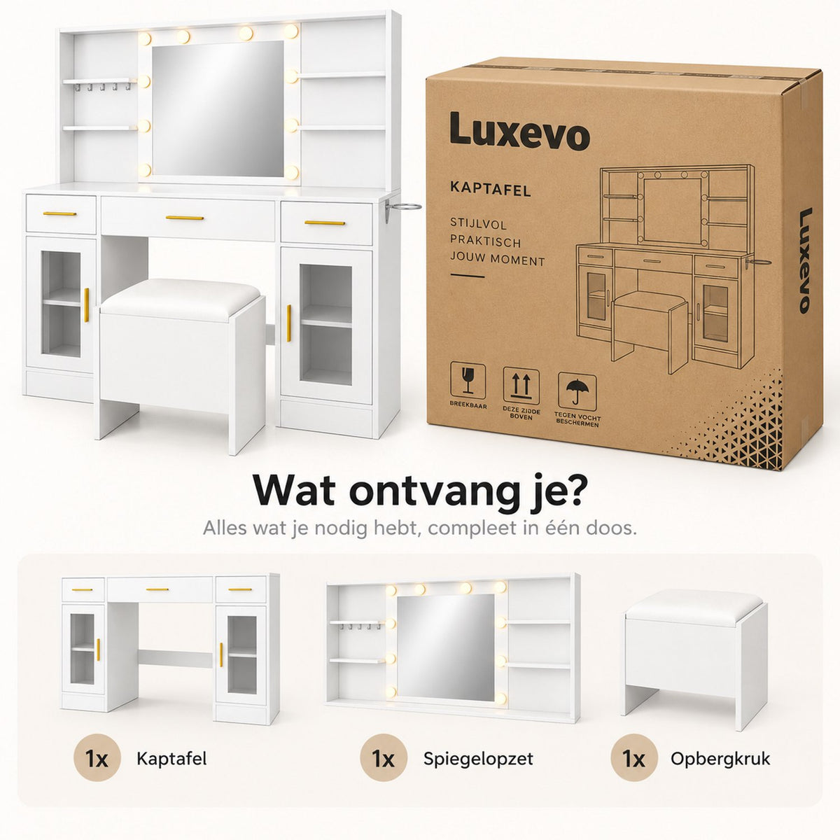 Kaptafel met Spiegel LED-Verlichting – Make-up Tafel met 8 Laden – Ingebouwd Stopcontact & USB – Met Föhn-Houder – 113 x 40 x 140 cm – Wit