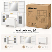 Kaptafel met Spiegel LED-Verlichting – Make-up Tafel met 8 Laden – Ingebouwd Stopcontact & USB – Met Föhn-Houder – 113 x 40 x 140 cm – Wit