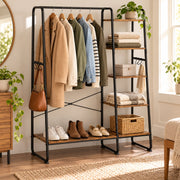 Kledingrek met Schoenenrek – Kledingstang met 5 Opbergplanken en 6 Haken – Kapstok Staand – 120 x 45 x 160 cm – Bruin/Zwart