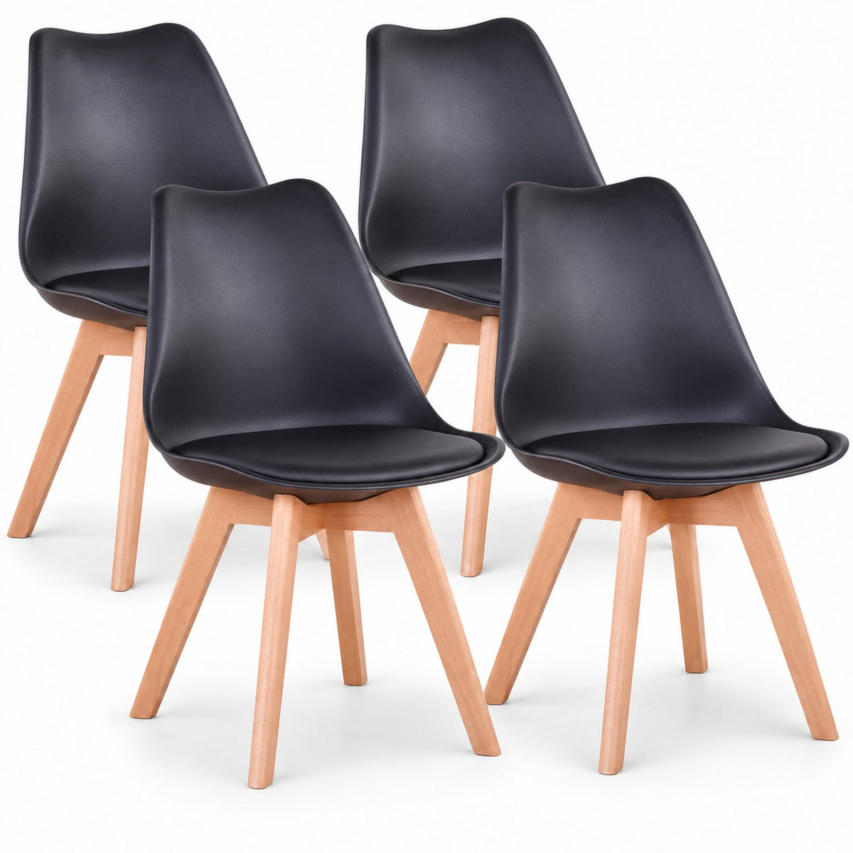 Eetkamerstoelen Set van 4 - Scandinavische Kuipstoelen - Houten Poten - Met Zitkussen - Moderne Eetkamerstoel – Zwart