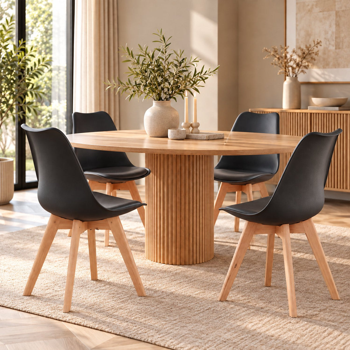 Eetkamerstoelen Set van 4 - Scandinavische Kuipstoelen - Houten Poten - Met Zitkussen - Moderne Eetkamerstoel – Zwart