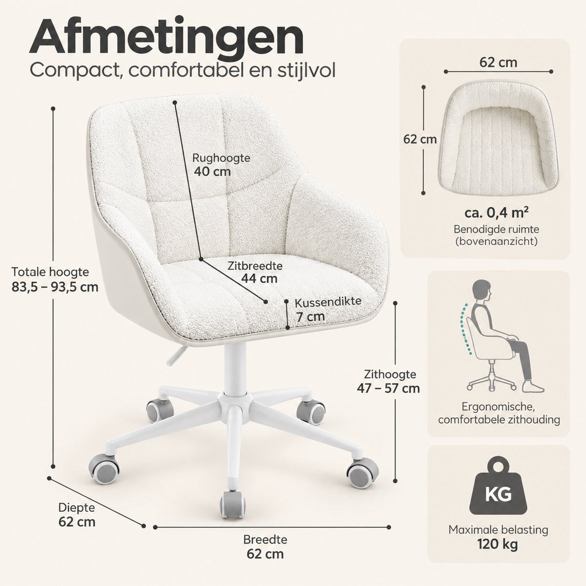 Bureaustoel – Bouclé/Sherpa – Draaibare Bureaustoel met Wielen – In Hoogte Verstelbaar – Kuipstoel – Wit