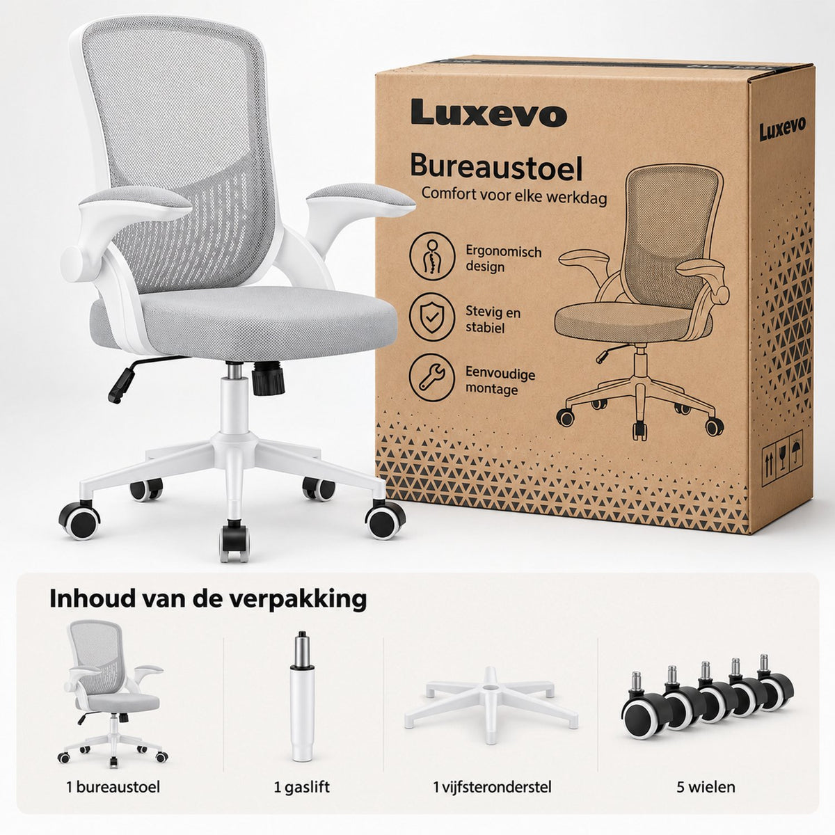 Ergonomische Bureaustoel – Verstelbare Kantoorstoel voor Volwassenen – Grijs