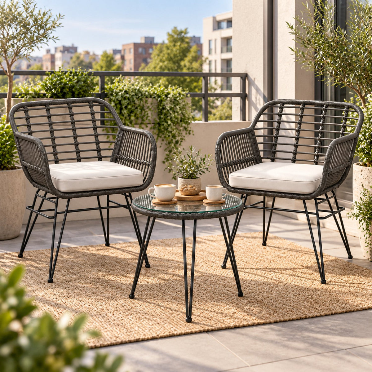 Bistroset 3 delig – 2 Rotan Tuinstoelen met Zitkussens & Tafel met Glazen Blad – Weerbestendige Balkonset – Grijs