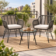 Bistroset 3 delig – 2 Rotan Tuinstoelen met Zitkussens & Tafel met Glazen Blad – Weerbestendige Balkonset – Grijs
