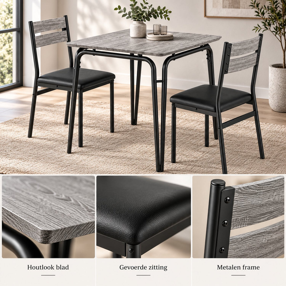 Eetkamerset voor 2 Personen – Compacte Keukentafel met 2 Stoelen – Ruimtebesparend – Zwart Houtlook