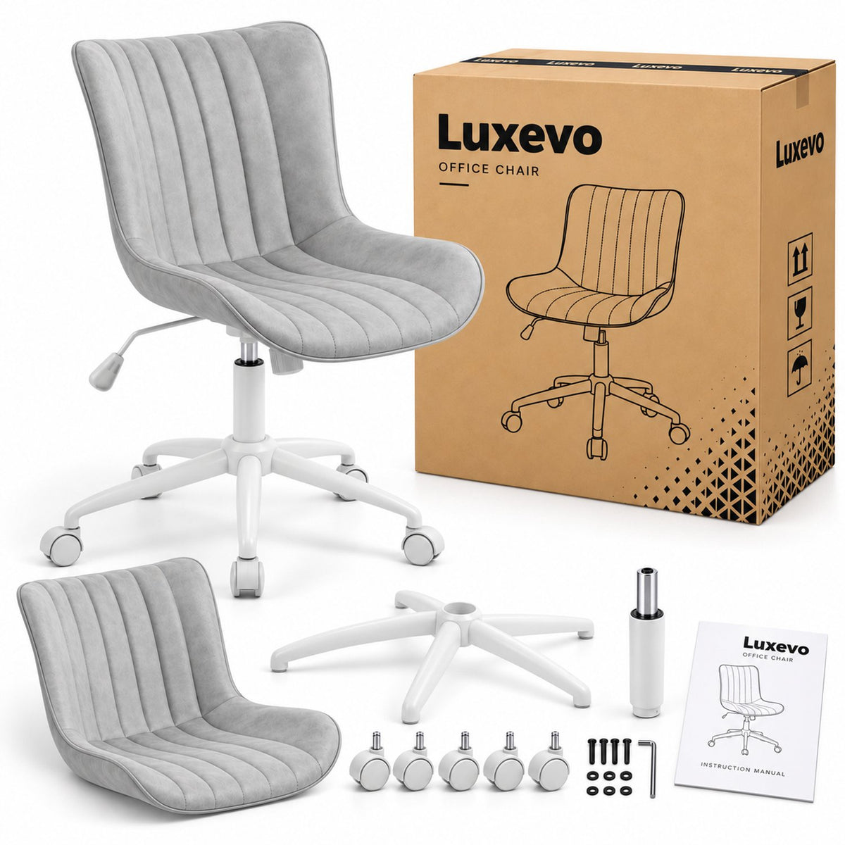 Bureaustoel - 360° Draaibaar – Gestoffeerde Design Stoel met Gegolfde Rugleuning – Compacte Thuiswerkstoel – 60 x 63 x 79 cm – Grijs