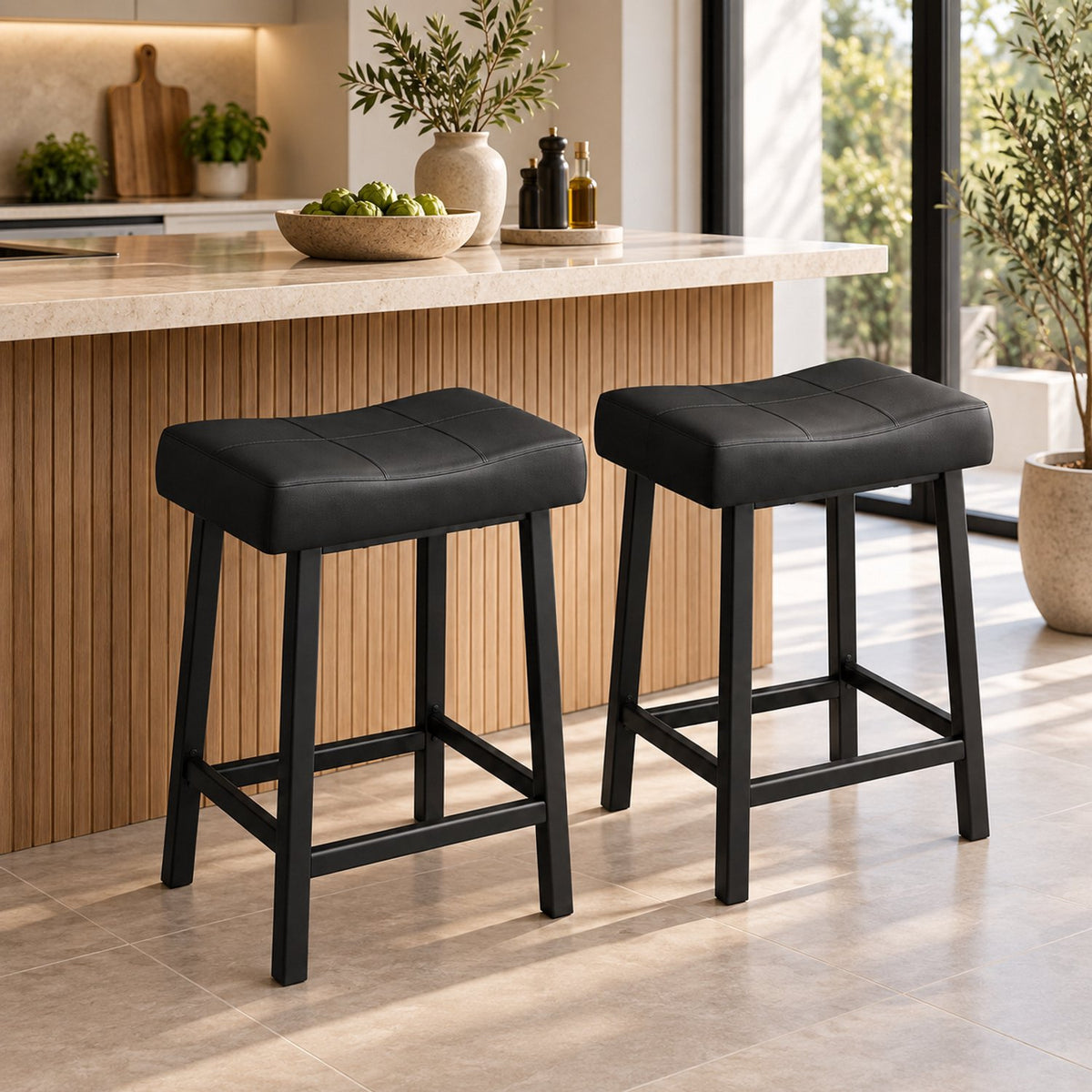 Barkrukken Set van 2 - 61 cm - Kunstleer - Met Voetensteun - Zwart